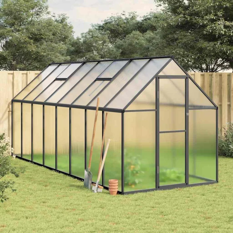 Gewächshaus mit Fundamentrahmen Anthrazit 445x169x195 cm Alu Gartengewächshäuser, Tomatenhaus Treibhaus für Garten, Aufzucht, Terrasse, Außende – Bild 1