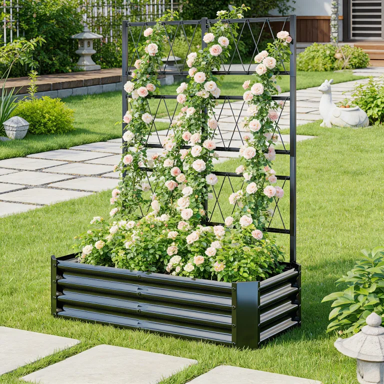 Hochbeet mit Rankgitter, Metall-Pflanzkasten mit Rankgitter, robuster Pflanzkasten für Kletterpflanzen, Gemüse, Tomaten & Blumen,als Sichtschutz für Balkon & Terrasse,121 x 61 x 151 cm,Schwarz – Bild 4