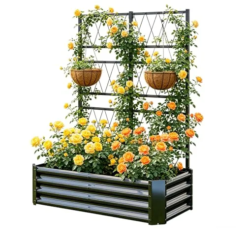 Hochbeet mit Rankgitter, Metall-Pflanzkasten mit Rankgitter, robuster Pflanzkasten für Kletterpflanzen, Gemüse, Tomaten & Blumen,als Sichtschutz für Balkon & Terrasse,121 x 61 x 151 cm,Schwarz – Bild 10