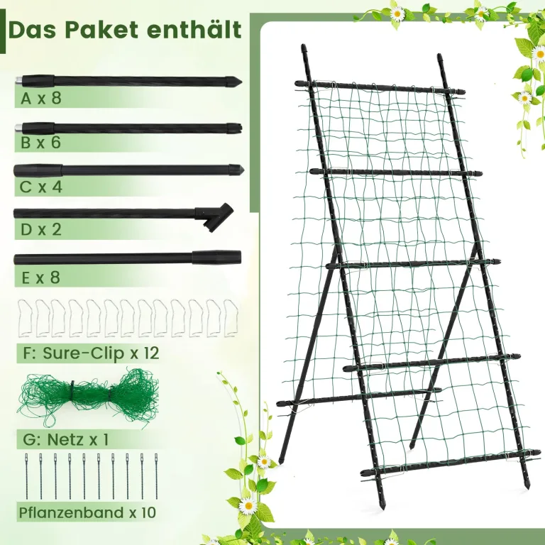COSTWAY Gurke Rankhilfe Set, A-förmig, Rankgitter mit Gartennetz & Clips, Pflanzenhalter Metall, Pflanzenstütze für Kletterpflanzen Blumen Gemüse, Pflanzenspalier, 80 x 93 x 190 cm, Schwarz – Bild 4