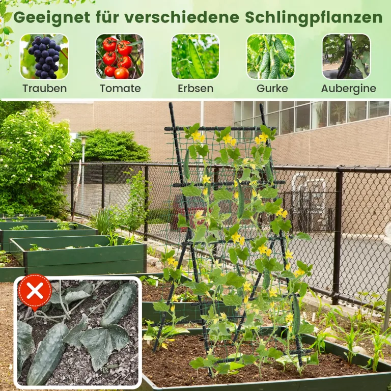COSTWAY Gurke Rankhilfe Set, A-förmig, Rankgitter mit Gartennetz & Clips, Pflanzenhalter Metall, Pflanzenstütze für Kletterpflanzen Blumen Gemüse, Pflanzenspalier, 80 x 93 x 190 cm, Schwarz – Bild 5