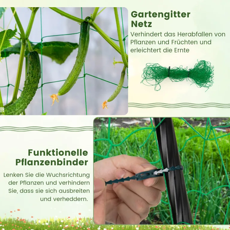 COSTWAY Gurke Rankhilfe Set, A-förmig, Rankgitter mit Gartennetz & Clips, Pflanzenhalter Metall, Pflanzenstütze für Kletterpflanzen Blumen Gemüse, Pflanzenspalier, 80 x 93 x 190 cm, Schwarz – Bild 7