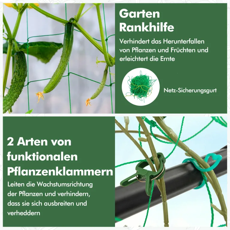 COSTWAY Gurke Rankhilfe Set, A-förmig, Pflanzenhalter mit Gartennetz & Pflanzenclips, Rankgitter Metall, Pflanzenstütze für Kletterpflanzen Blumen Nutzpflanzen, 130 x 105 x 151 cm, Schwarz – Bild 6