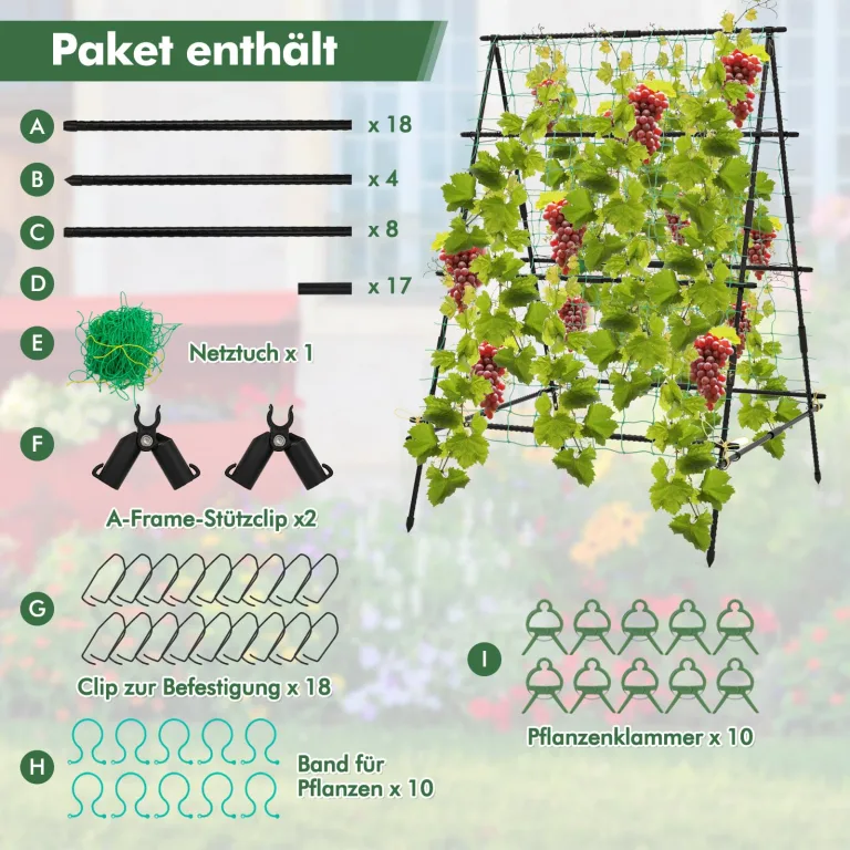 COSTWAY Gurke Rankhilfe Set, A-förmig, Pflanzenhalter mit Gartennetz & Pflanzenclips, Rankgitter Metall, Pflanzenstütze für Kletterpflanzen Blumen Nutzpflanzen, 130 x 105 x 151 cm, Schwarz – Bild 7