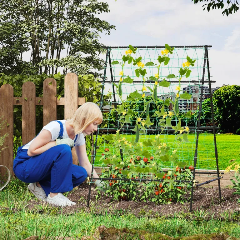 COSTWAY Gurke Rankhilfe Set, A-förmig, Pflanzenhalter mit Gartennetz & Pflanzenclips, Rankgitter Metall, Pflanzenstütze für Kletterpflanzen Blumen Nutzpflanzen, 130 x 105 x 151 cm, Schwarz – Bild 8