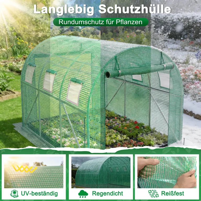 XMTECH Gewächshaus 3x2 m (6 m²) – Garten Foliengewächshaus mit 6 Fenstern, UV-beständig, verzinkter Stahlrahmen, Moskitonetz, ideal für Gemüse, Tomaten, Blumen, Tomatenhaus, grün – Bild 3