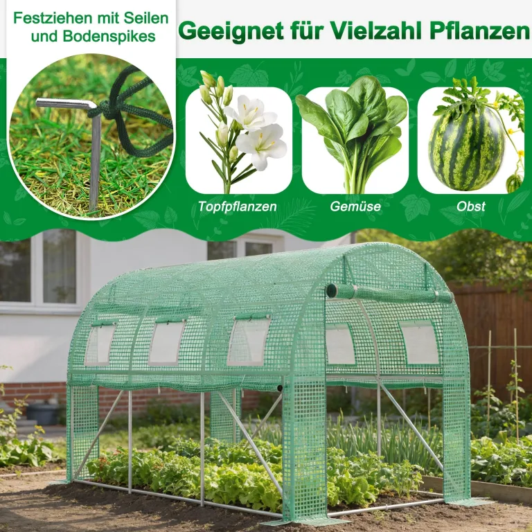XMTECH Gewächshaus 3x2 m (6 m²) – Garten Foliengewächshaus mit 6 Fenstern, UV-beständig, verzinkter Stahlrahmen, Moskitonetz, ideal für Gemüse, Tomaten, Blumen, Tomatenhaus, grün – Bild 7