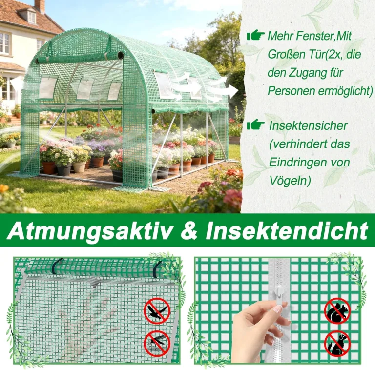 Gewächshaus 3x8 m (24 m²) – Garten Foliengewächshaus mit 16 Fenstern, UV-beständig, verzinkter Stahlrahmen, Moskitonetz, ideal für Gemüse, Tomaten, Blumen, Tomatenhaus, grün – Bild 5
