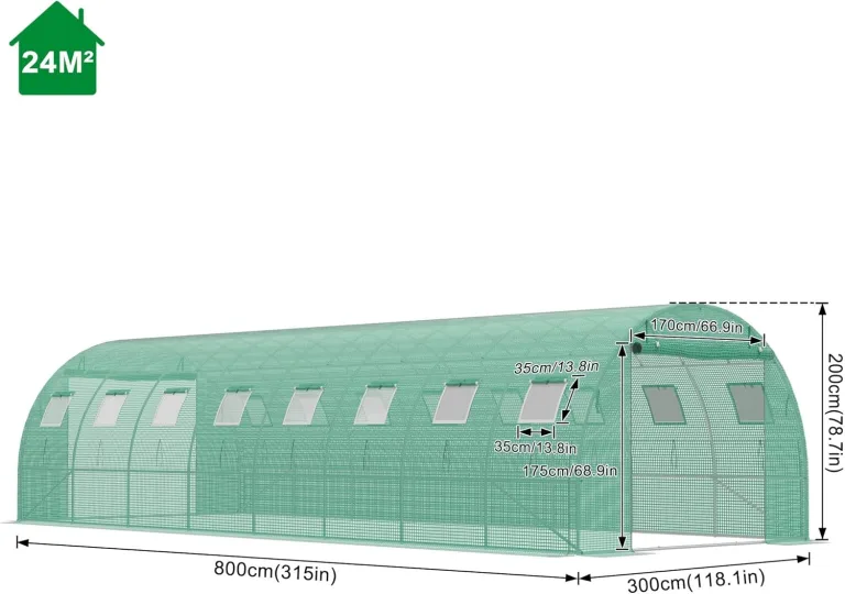 Gewächshaus 3x8 m (24 m²) – Garten Foliengewächshaus mit 16 Fenstern, UV-beständig, verzinkter Stahlrahmen, Moskitonetz, ideal für Gemüse, Tomaten, Blumen, Tomatenhaus, grün – Bild 2