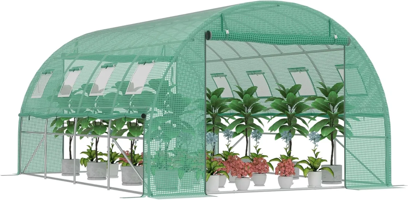 Gewächshaus 3x4 m (12 m²) – Garten Foliengewächshaus mit 8 Fenstern, UV-beständig, verzinkter Stahlrahmen, Moskitonetz, ideal für Gemüse, Tomaten, Blumen, Tomatenhaus, grün - Bild 1