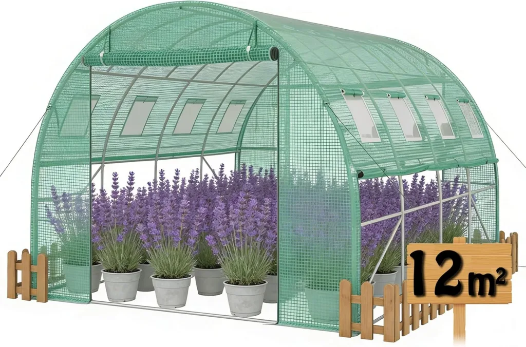 3x4m Foliengewächshaus Gartengewächshäuser aus verzinktem Stahl PE Gewächshaus mit Aufrollbare Fenster Tomatenhaus Winterfest Folientunnel Pflanzenzelt Folien Treibhaus inkl. Erdanker