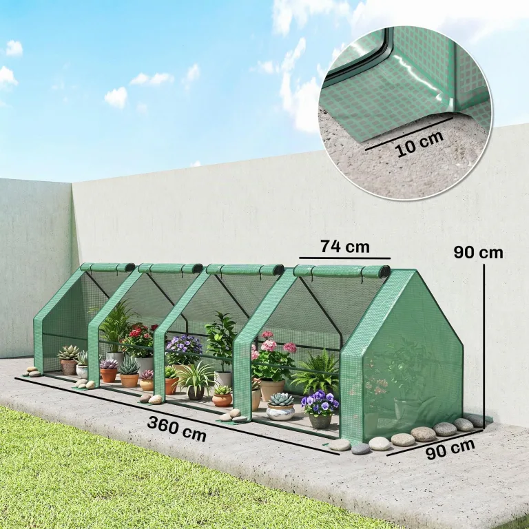 Outsunny Mini-Gewächshaus für den Garten, Mini-Gewächshaus, Tunnel, 360 x 90 x 90 cm (L x B x H), Spitzdach, Stahl, Polyethylen, hohe Dichte, 140 g/m², UV-Schutz, Fenster mit Reißverschluss – Bild 7
