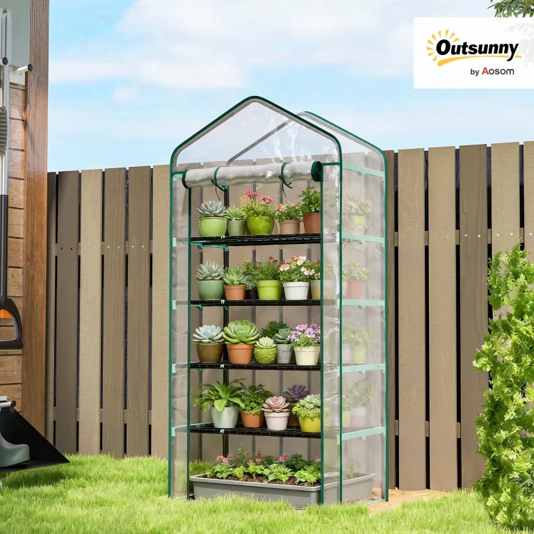 Outsunny Gartengewächshaus PVC mit Regalen 5 Ebenen, Balkongewächshaus, verstärkte Plane, Gestell aus Stahl, Tür mit Reißverschluss, aufrollbar, für Gemüse, Pflanzen, Blumen, 90 x 49 x 193 cm – Bild 2