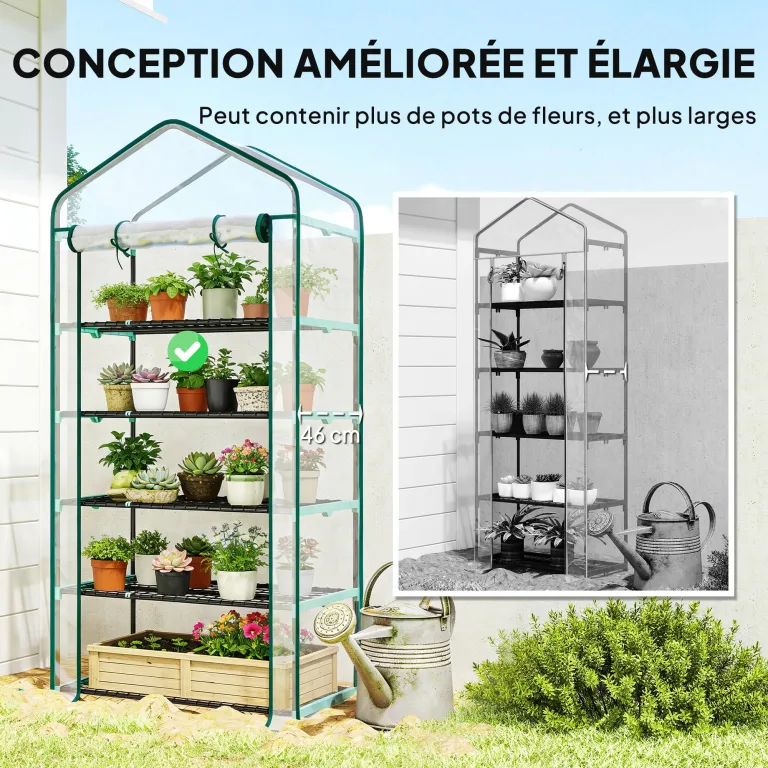 Outsunny Gartengewächshaus PVC mit Regalen 5 Ebenen, Balkongewächshaus, verstärkte Plane, Gestell aus Stahl, Tür mit Reißverschluss, aufrollbar, für Gemüse, Pflanzen, Blumen, 90 x 49 x 193 cm – Bild 3