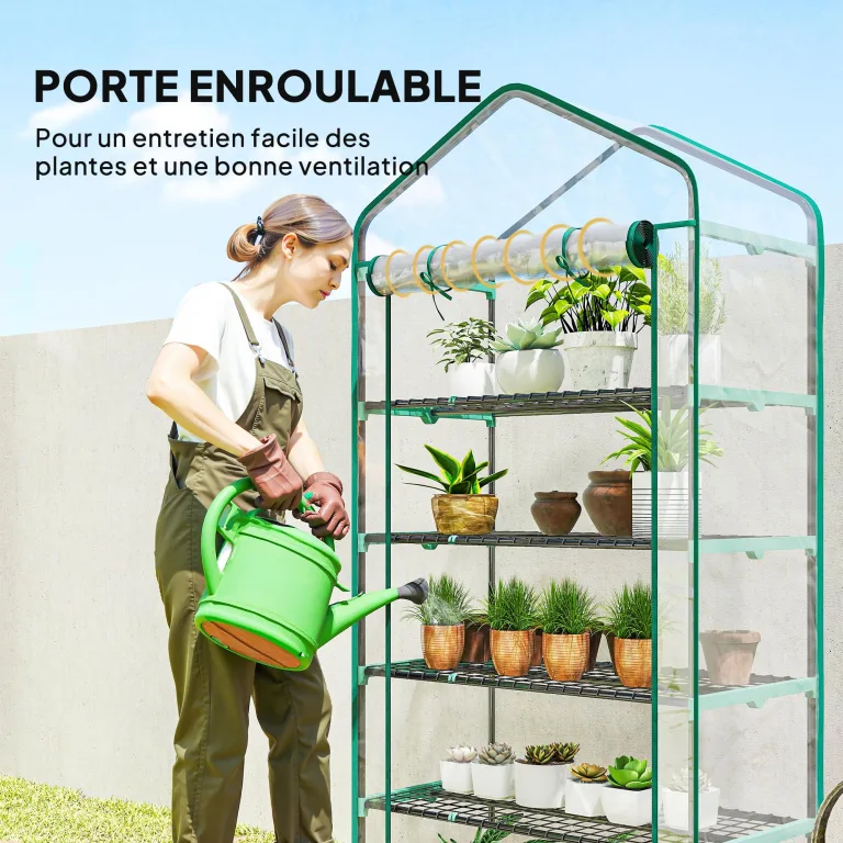 Outsunny Gartengewächshaus PVC mit Regalen 5 Ebenen, Balkongewächshaus, verstärkte Plane, Gestell aus Stahl, Tür mit Reißverschluss, aufrollbar, für Gemüse, Pflanzen, Blumen, 90 x 49 x 193 cm – Bild 6