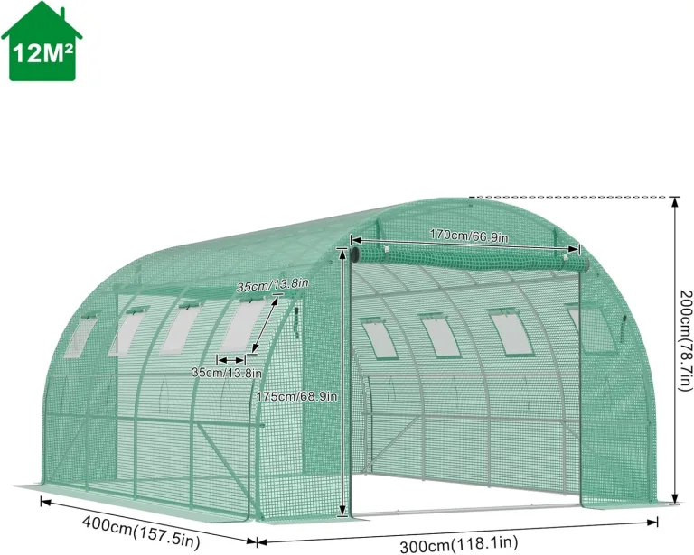 Foliengewächshaus 4x3x2m, verzinktem Stahl Gewächshaus, aufrollbare Seitenwände mit Moskitonetz, 8 Fenster & 2 Tür inkl. inkl. Erdanker & Seile, Grün – Bild 2