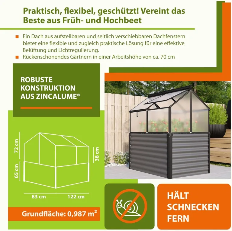Vitavia Hochfrühbeet “Paris“ | Hochbeet & Frühbeet in Einem | Aluminium Eloxiert | 4 mm Hohlkammerplatten | Wetterfest, Verstellbare Dachfenster & Abnehmbarer Aufsatz | Optimale Wachstumsbedingungen – Bild 7