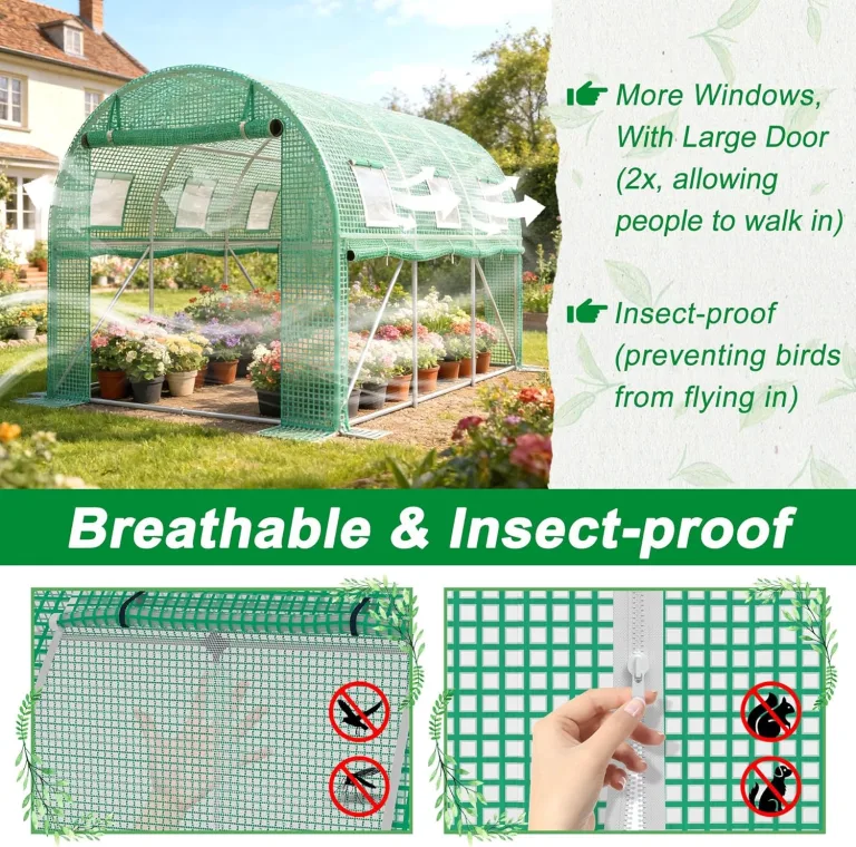 12㎡ Frostschutz Gartengewächshäuser aus Stahl Rahmen 3x4x2m HDPE Foliengewächshaus mit 8 Insektenschutzgitter Fenster & 2 Tür Begehbares Gewächshaus Garten Überwinterungszelt für Pflanzen – Bild 5