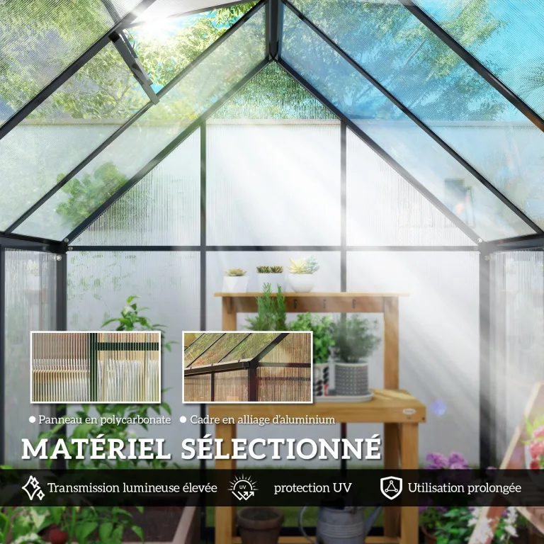 Outsunny Gewächshaus aus Aluminium und Polycarbonat, Gewächshaus mit verstellbarem Fenster und Flügeltür, wetterfestes Außenhaus für Pflanzen, Blumen, Gemüsegarten und Setzlinge, transparent – Bild 4