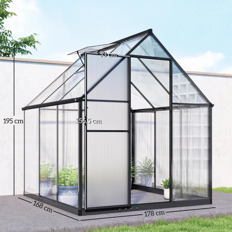 Outsunny Gewächshaus aus Aluminium und Polycarbonat, Gewächshaus mit verstellbarem Fenster und Flügeltür, wetterfestes Außenhaus für Pflanzen, Blumen, Gemüsegarten und Setzlinge, transparent – Bild 7