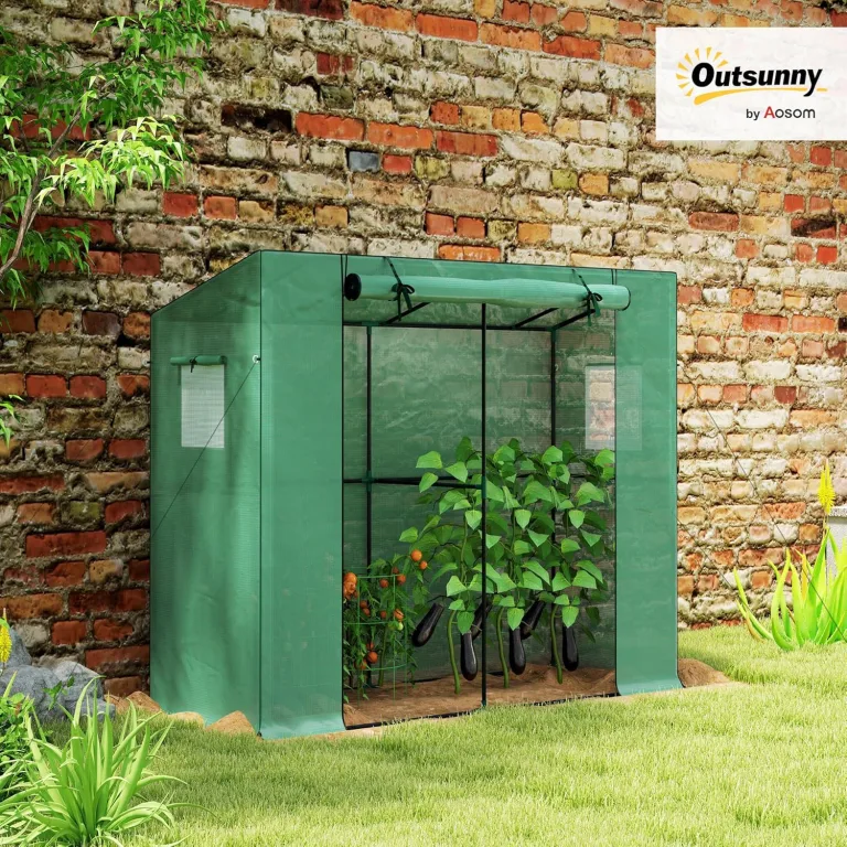 Outsunny Gewächshaus mit Rolltür 2 Fenster, Winterfest Foliengewächshaus aus Stahl, Treibhaus für Balkon, Garten, Tomatenhaus mit UV Schutz 200x76x170cm Tomatengewächshaus für Gemüse Blumen, Grün – Bild 2
