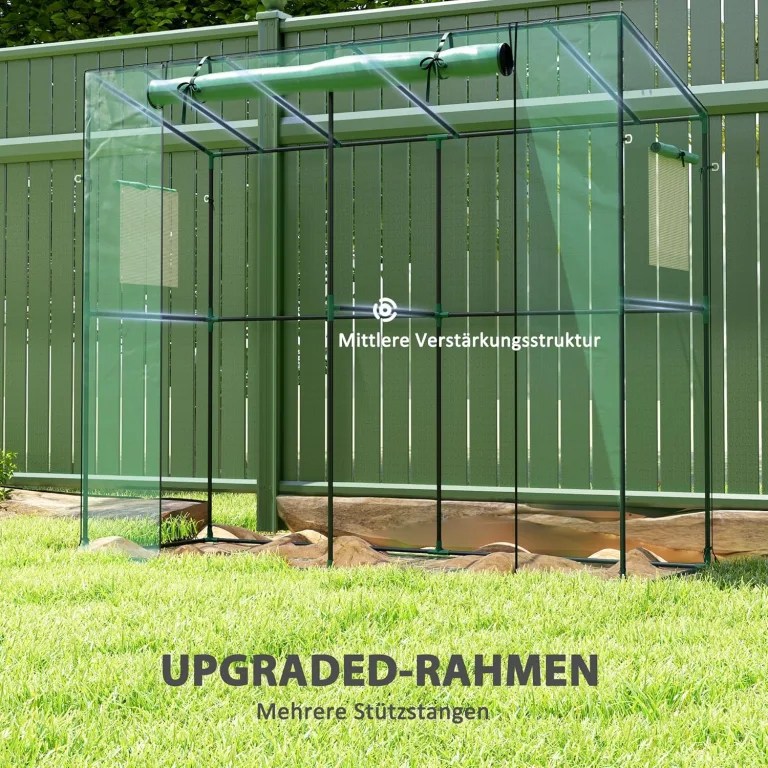 Outsunny Gewächshaus mit Rolltür 2 Fenster, Winterfest Foliengewächshaus aus Stahl, Treibhaus für Balkon, Garten, Tomatenhaus mit UV Schutz 200x76x170cm Tomatengewächshaus für Gemüse Blumen, Grün – Bild 3