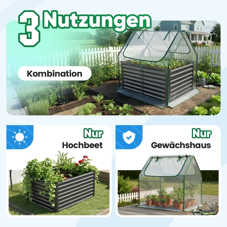 Quictent Hochbeet mit Abdeckung, Pflanzkasten-Set für den Außenbereich,Gewächshaus mit 2 große Fenster mit Reißverschluss, ,120x90x62cm, Transparent – Bild 7