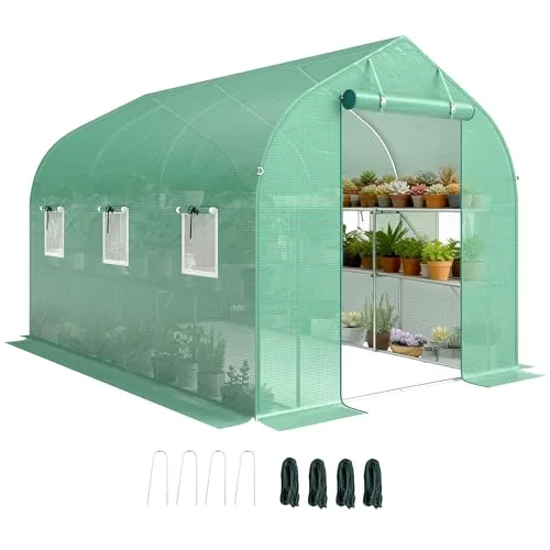 Outsunny Garten-Tunnelgewächshaus 6 m², Gartengewächshaus mit Regalen, 198 x 293 x 194 cm, verzinkter Stahlrahmen, Tür und 6 Fenster, für den Außenbereich, für alle Jahreszeiten, hochdichte PE-Plane – Bild 10