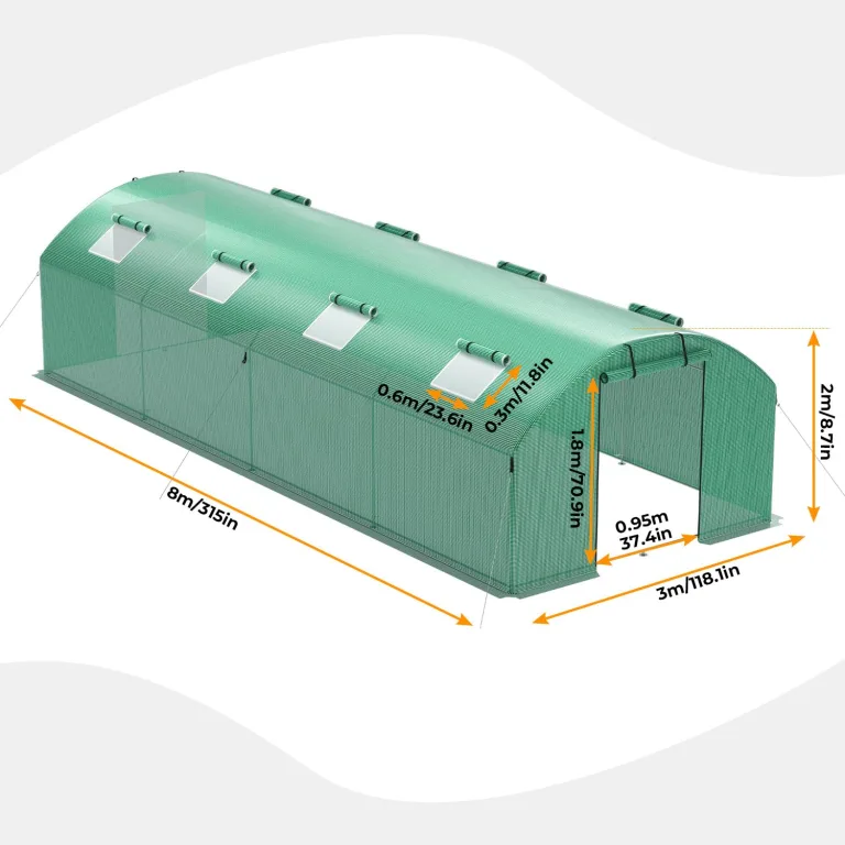 Gewächshaus 300x800x200cm, Gemüsegewächshaus mit 6 Fenstern und 2 Reißverschlusstüren, 140g/m² PE UV50+ Abdeckung. perfekt für Garten und Terrasse – Bild 6