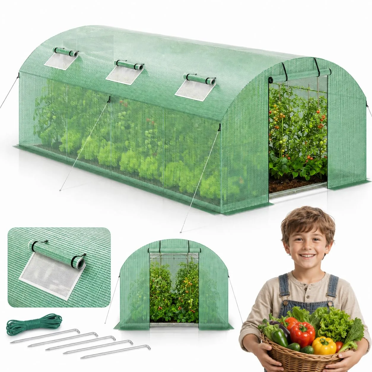 Gewächshaus 300x600x200cm, Gemüsegewächshaus mit 6 Fenstern und 2 Reißverschlusstüren, 140g/m² PE UV50+ Abdeckung. perfekt für Garten und Terrasse - Bild 1