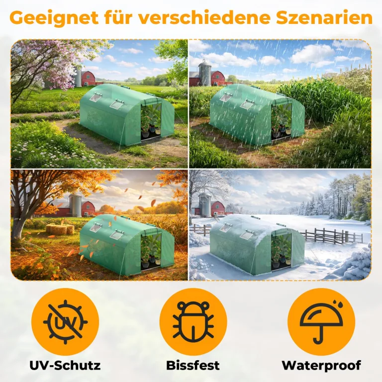 Gewächshaus 300x400x200cm, Gemüsegewächshaus mit 4 Fenstern und 2 Reißverschlusstüren, 140g/m² PE UV50+ Abdeckung. Erdanker und Windseilen für stabile Befestigung im Garten – Bild 7