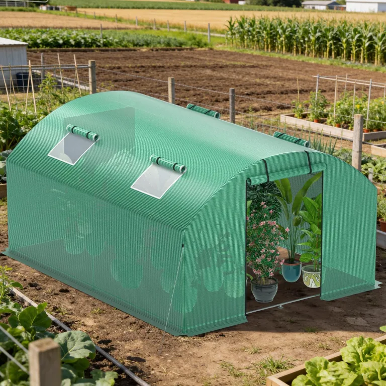 Gewächshaus 300x400x200cm, Gemüsegewächshaus mit 4 Fenstern und 2 Reißverschlusstüren, 140g/m² PE UV50+ Abdeckung. Erdanker und Windseilen für stabile Befestigung im Garten – Bild 8