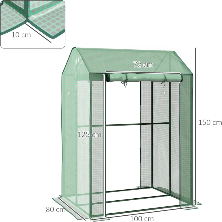 Outsunny Gewächshaus mit PE-Gitterfolie, Aufrollbare Tür Winterfest Foliengewächshaus aus Stahl, Treibhaus für Balkon, Garten, Tomatenhaus 100 x 80 x 150, Tomatengewächshaus für Tomaten Blumen, Grün – Bild 9