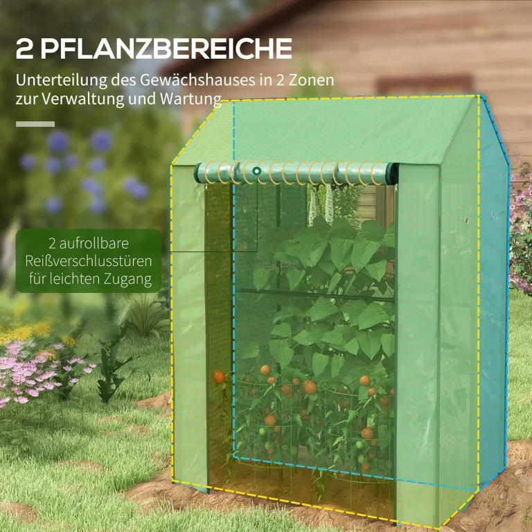 Outsunny Gewächshaus mit PE-Gitterfolie, Aufrollbare Tür Winterfest Foliengewächshaus aus Stahl, Treibhaus für Balkon, Garten, Tomatenhaus 100 x 80 x 150, Tomatengewächshaus für Tomaten Blumen, Grün – Bild 5