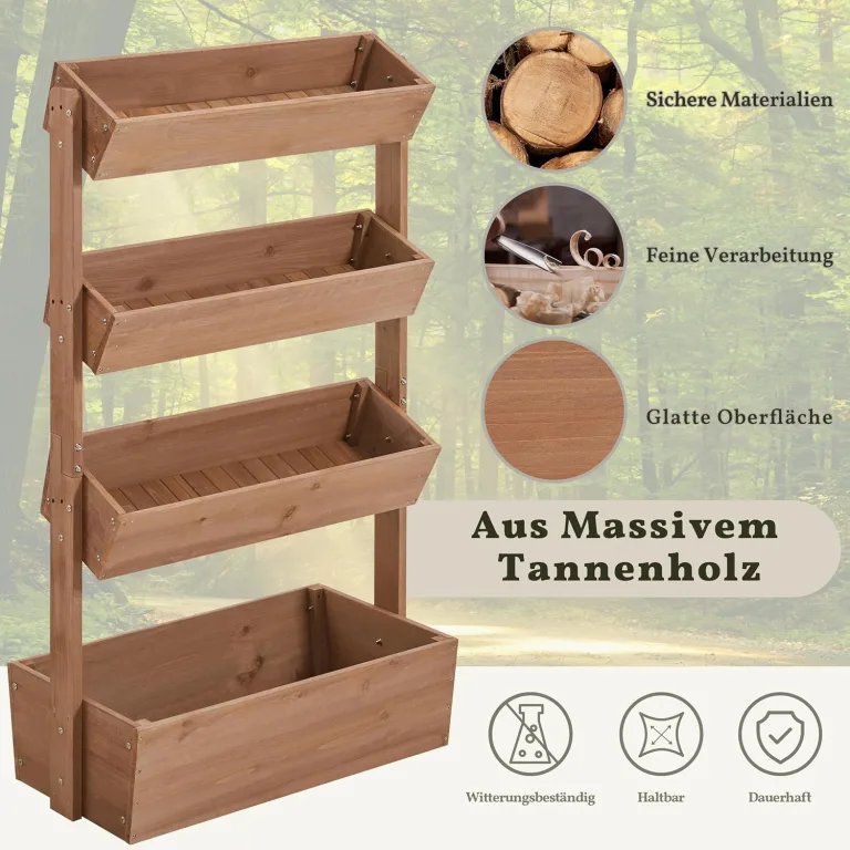 Yaheetech Vertikal Hochbeet mit 4 Etagen, 84,5×45×140,5 cm Pflanzbeet mit Entwässerungslöcher & Pflanzvlies, Tannenholz Wetterfest, Frühbeet Gartenbeet Kräutertreppe für Garten Balkon, Dunkelbraun – Bild 4