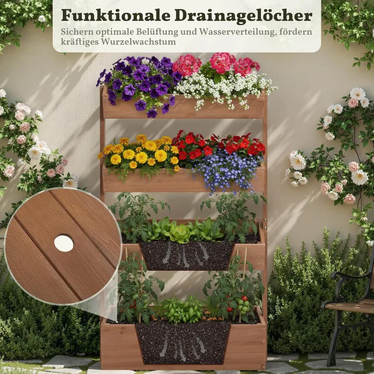 Yaheetech Vertikal Hochbeet mit 4 Etagen, 84,5×45×140,5 cm Pflanzbeet mit Entwässerungslöcher & Pflanzvlies, Tannenholz Wetterfest, Frühbeet Gartenbeet Kräutertreppe für Garten Balkon, Dunkelbraun – Bild 7