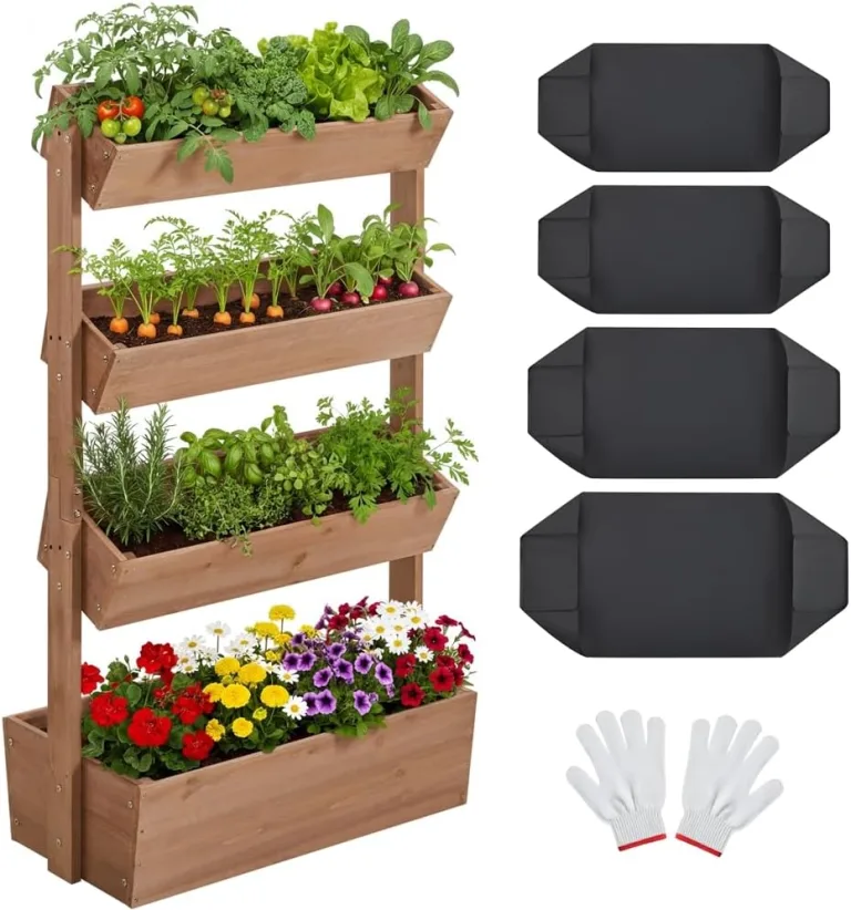Yaheetech Vertikal Hochbeet mit 4 Etagen, 84,5×45×140,5 cm Pflanzbeet mit Entwässerungslöcher & Pflanzvlies, Tannenholz Wetterfest, Frühbeet Gartenbeet Kräutertreppe für Garten Balkon, Dunkelbraun – Bild 2