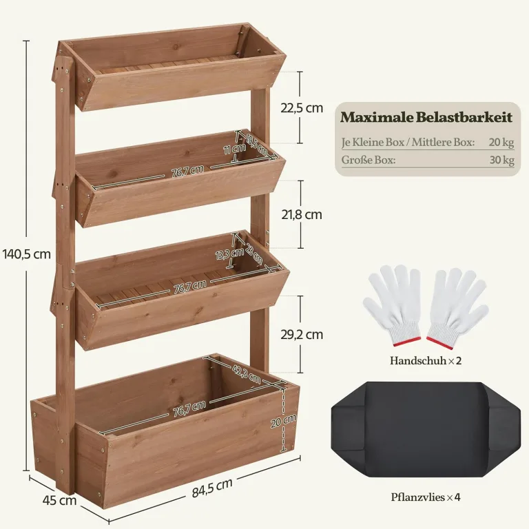 Yaheetech Vertikal Hochbeet mit 4 Etagen, 84,5×45×140,5 cm Pflanzbeet mit Entwässerungslöcher & Pflanzvlies, Tannenholz Wetterfest, Frühbeet Gartenbeet Kräutertreppe für Garten Balkon, Dunkelbraun – Bild 3