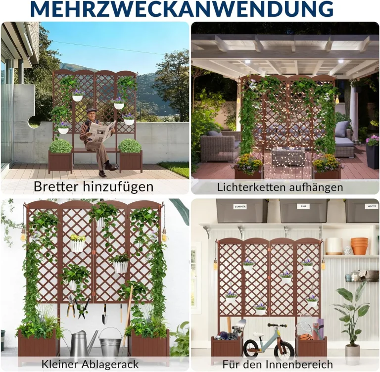 Wasserdichtes Tannenholz-Hochbeet mit Rankgitter 160x40,6x183 cm | Sichtschutz-Pflanzkasten mit Drainage | Modularer Garten-Pflanzkasten für Kletterpflanzen in Dunkelbraun – Bild 7