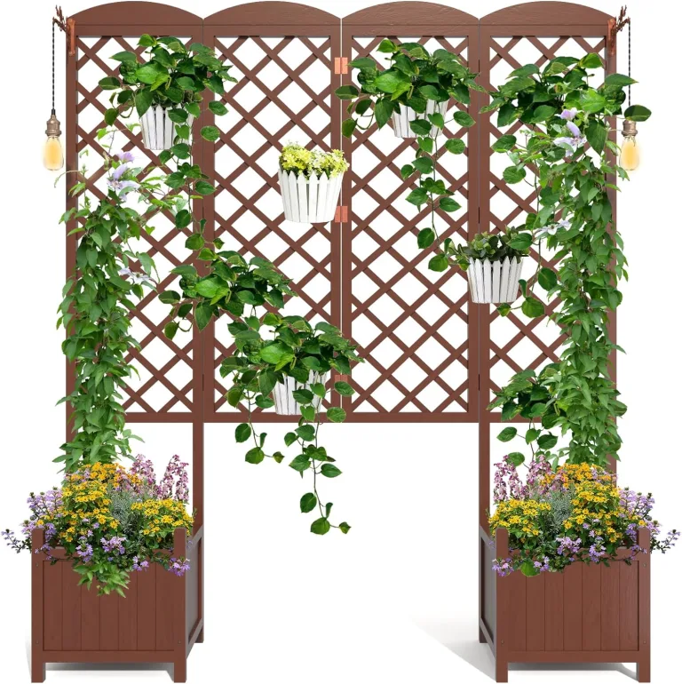Wasserdichtes Tannenholz-Hochbeet mit Rankgitter 160x40,6x183 cm | Sichtschutz-Pflanzkasten mit Drainage | Modularer Garten-Pflanzkasten für Kletterpflanzen in Dunkelbraun – Bild 1