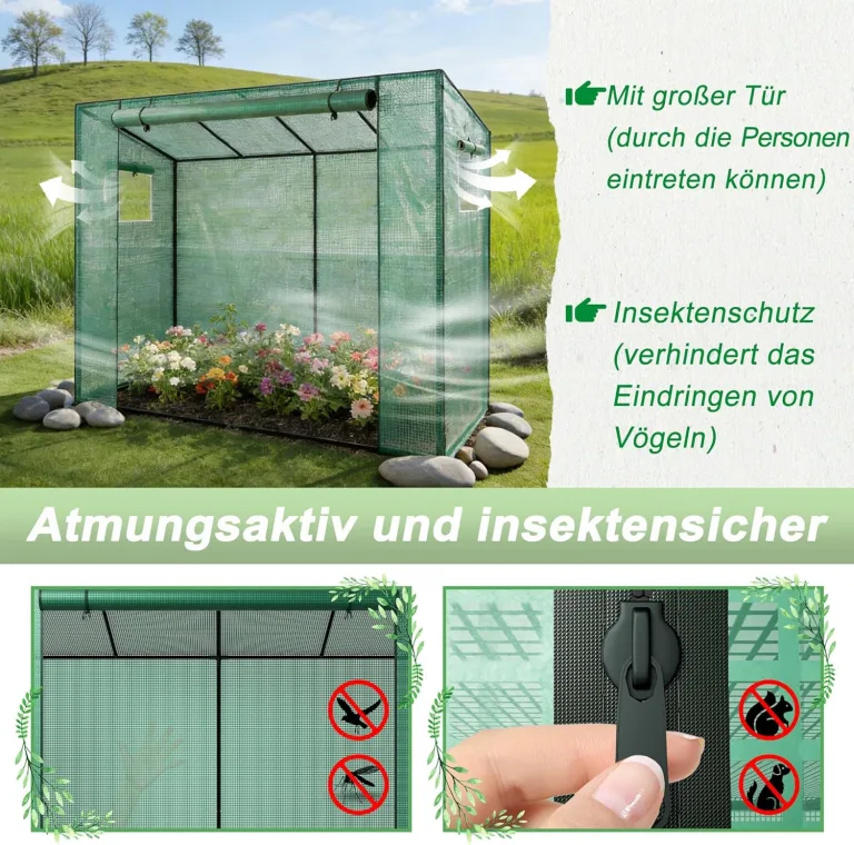 Garten Gewächshaus Foliengewächshaus Tomatengewächshaus begehbar 200x80x150 cm, schräges Dach Pflanzenhaus mit PE-Gitterfolie, Tomatenhaus Überwinterungszelt Mehrzwecktreibhaus Plane, Grün – Bild 6