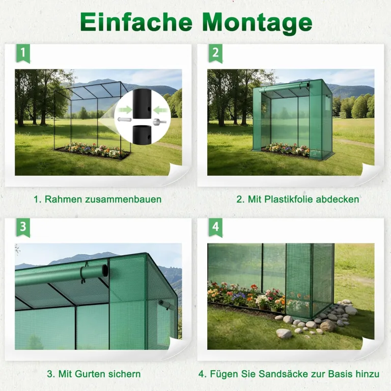 Garten Gewächshaus Foliengewächshaus Tomatengewächshaus begehbar 200x80x150 cm, schräges Dach Pflanzenhaus mit PE-Gitterfolie, Tomatenhaus Überwinterungszelt Mehrzwecktreibhaus Plane, Grün – Bild 7