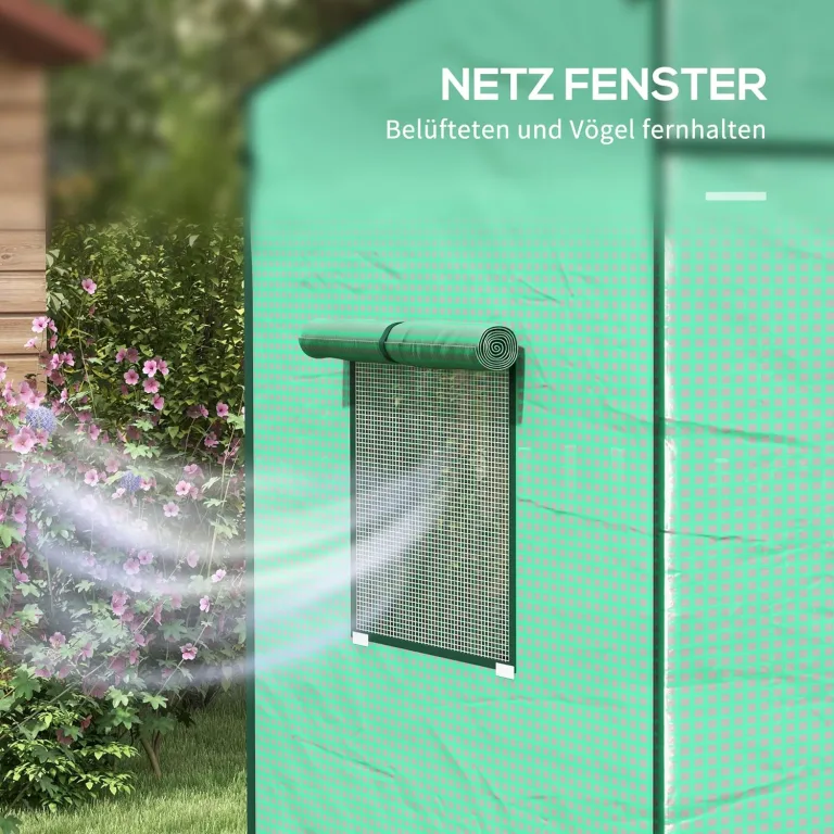Outsunny Tomatengewächshaus Foliengewächshaus mit Rolltor Netzfenster Schrägdach 196 x 77 x 197 cm Stabil Gewächshaus mit PE-Folie Erdhaken Tomatenhaus Treibhaus für Garten, Balkon, Terrasse Grün – Bild 5