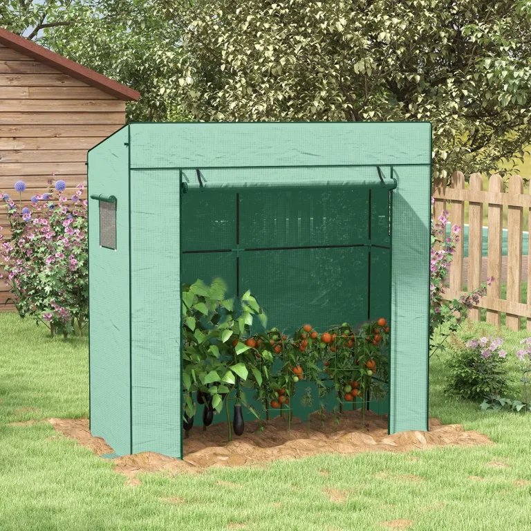 Outsunny Tomatengewächshaus Foliengewächshaus mit Rolltor Netzfenster Schrägdach 196 x 77 x 197 cm Stabil Gewächshaus mit PE-Folie Erdhaken Tomatenhaus Treibhaus für Garten, Balkon, Terrasse Grün – Bild 9