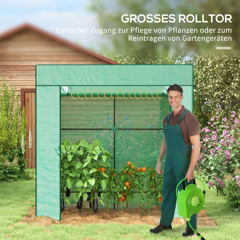 Outsunny Tomatengewächshaus Foliengewächshaus mit Rolltor Netzfenster Schrägdach 196 x 77 x 197 cm Stabil Gewächshaus mit PE-Folie Erdhaken Tomatenhaus Treibhaus für Garten, Balkon, Terrasse Grün – Bild 4
