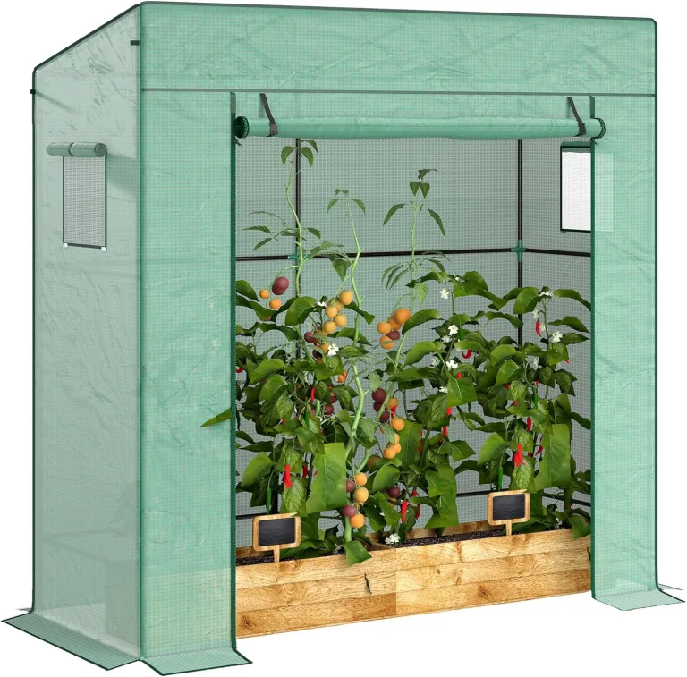 Outsunny Tomatengewächshaus Foliengewächshaus mit Rolltor Netzfenster Schrägdach 196 x 77 x 197 cm Stabil Gewächshaus mit PE-Folie Erdhaken Tomatenhaus Treibhaus für Garten, Balkon, Terrasse Grün – Bild 1