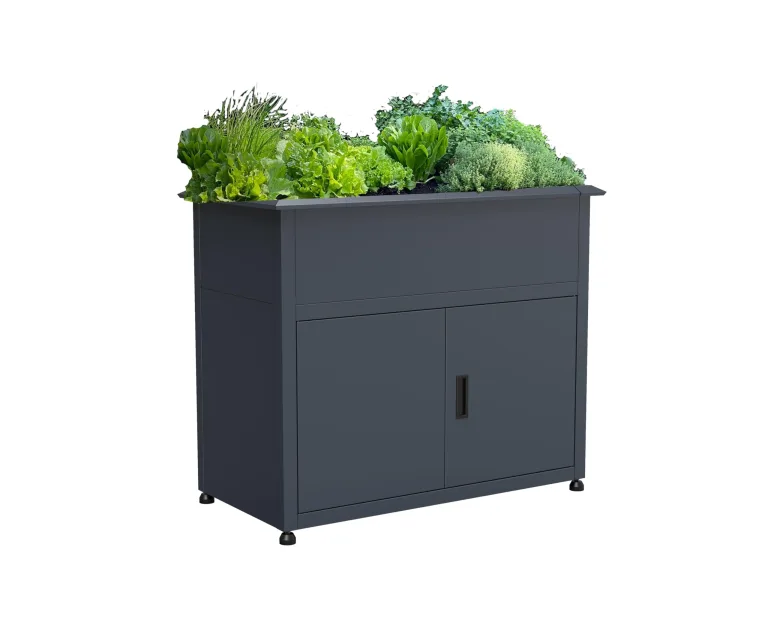 Plats Outdoor Solution® Hochbeet mit Unterschrank aus Metall, Grau, 107x57x85cm, mit Drainagesystem und Schneckenkante, anthrazit, pulverbeschichtet – Bild 1