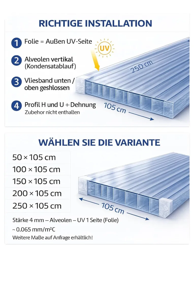 Polycarbonat Doppelstegplatte 4 mm klar, Zuschnitt 1500 x 1050 mm (L x B), Breite 1050 mm fix, UV-Schutz einseitig – Gewächshausplatten, Überdachung, Pergola, Carport | Macrolux Makrolon – Bild 2