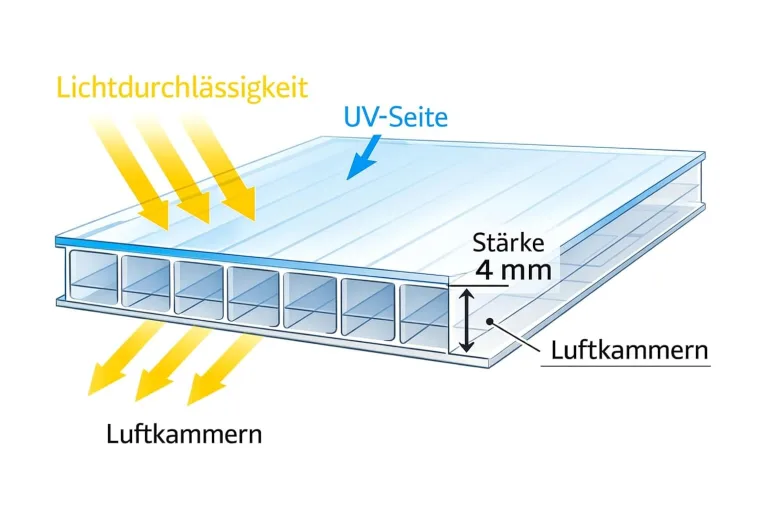 Polycarbonat Doppelstegplatte 4 mm klar, Zuschnitt 2000 x 1050 mm (L x B), Breite 1050 mm fix, UV-Schutz einseitig – Gewächshausplatten, Überdachung, Pergola, Carport | Macrolux Makrolon – Bild 4