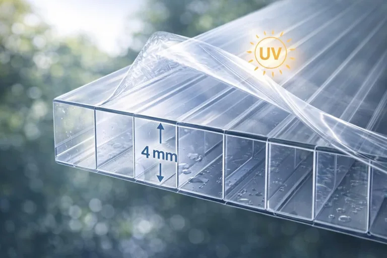 Polycarbonat Doppelstegplatte 4 mm klar, Zuschnitt 2000 x 1050 mm (L x B), Breite 1050 mm fix, UV-Schutz einseitig – Gewächshausplatten, Überdachung, Pergola, Carport | Macrolux Makrolon – Bild 3